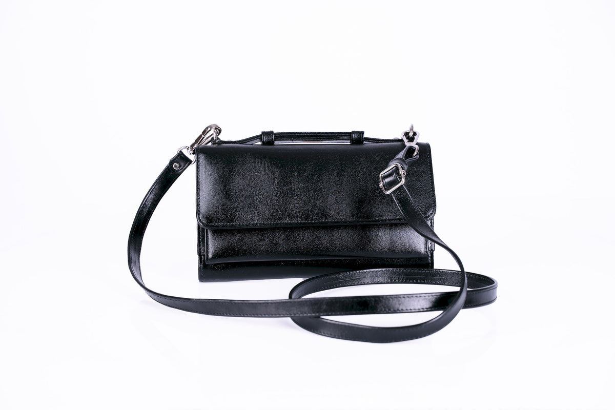 Structured Leather Clutch with Flap, Handle and Shoulder Strap