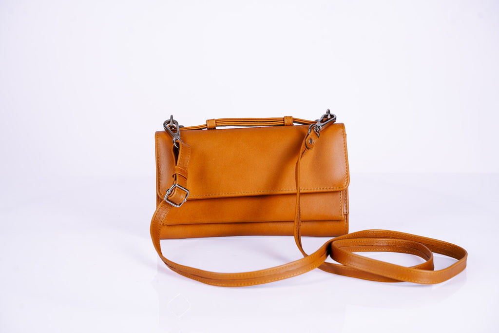 Structured Leather Clutch with Flap, Handle and Shoulder Strap