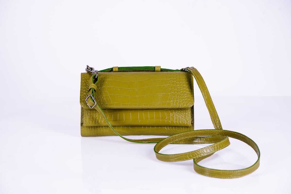Structured Leather Clutch with Flap, Handle and Shoulder Strap